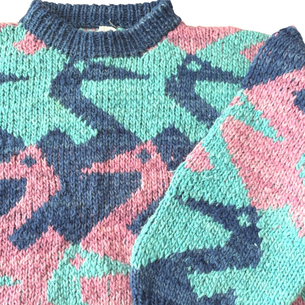 VTG Hand Made Ecuador Wool Sweater Mens Womens M Geometric Bird Knit Pullover - Picture 2 of 7